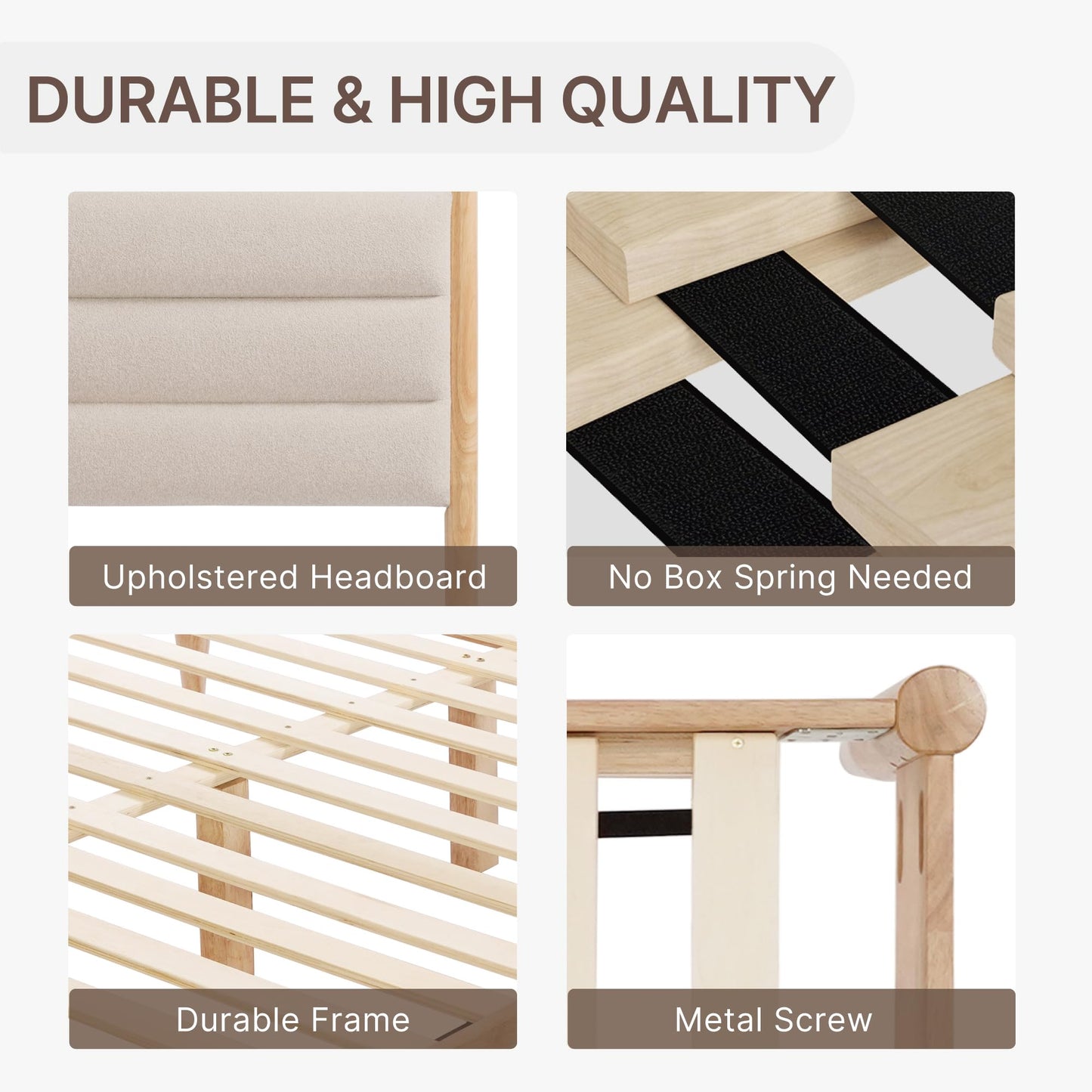KISLOT Wood Bed Frame with Upholstered Headboard Wooden Platform with Silent Slat Support Mattress Foundation No Box Spring Needed, Easy Assembly