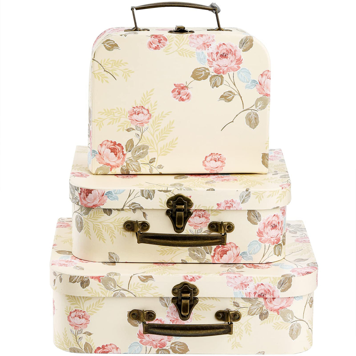 Fasmov 3 Pack Paperboard Suitcases Storage Box Decorative Boxes Storage Gift Boxes With Lids for Photo Storage Home Decoration, Wedding, Birthday, Anniversary, Light Yellow