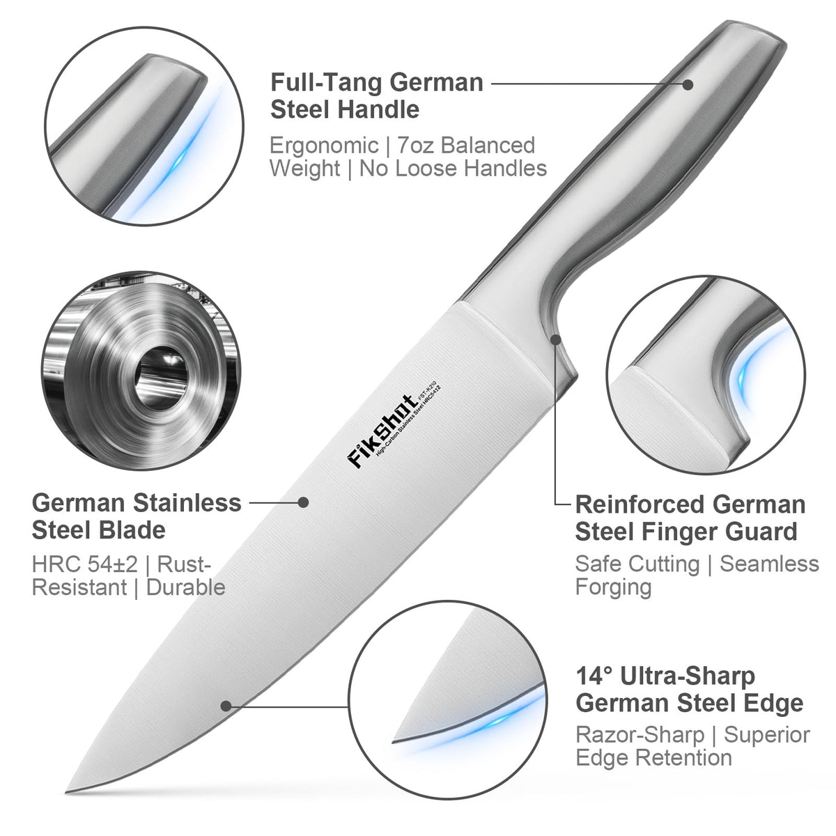 FIKSHOT Kitchen Knife Set, German Stainless Steel kitchen knives – Includes Knife Block Set & Sharpener, High Carbon, Rust-Resistant, Ergonomic Handle for Cooking, Grilling & Gifting