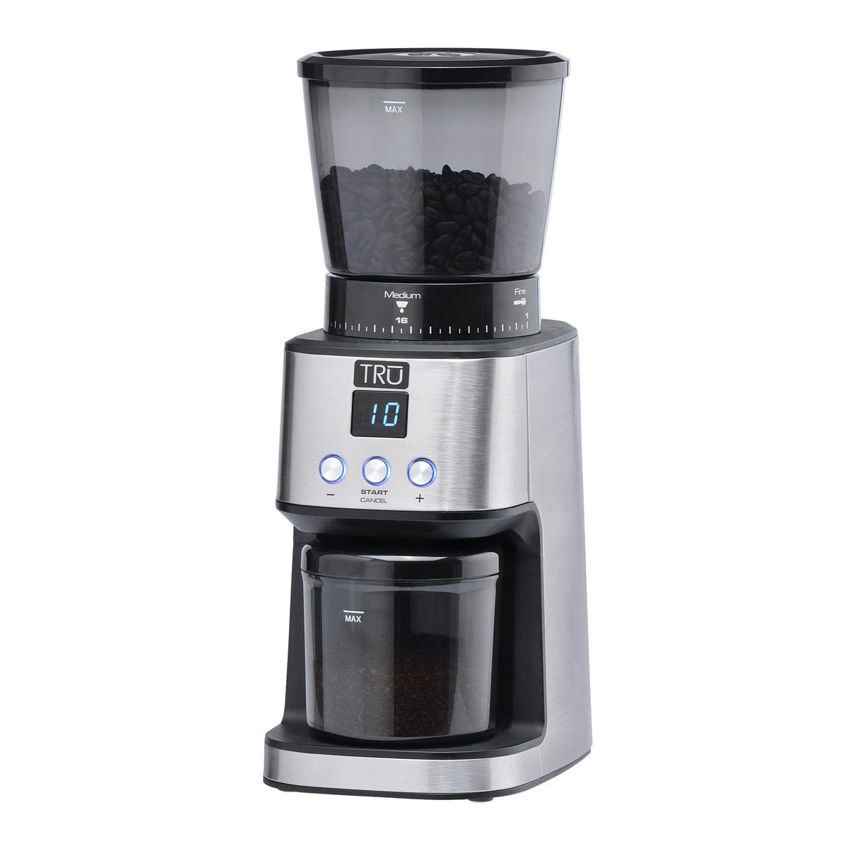 TRU Conical Burr Grinder - Precision Coffee Bean Grinder with 30 Grind Settings - Adjustable Grind Time & Digital Countdown - 9 oz Bean Hopper for Espresso & Drip Coffee