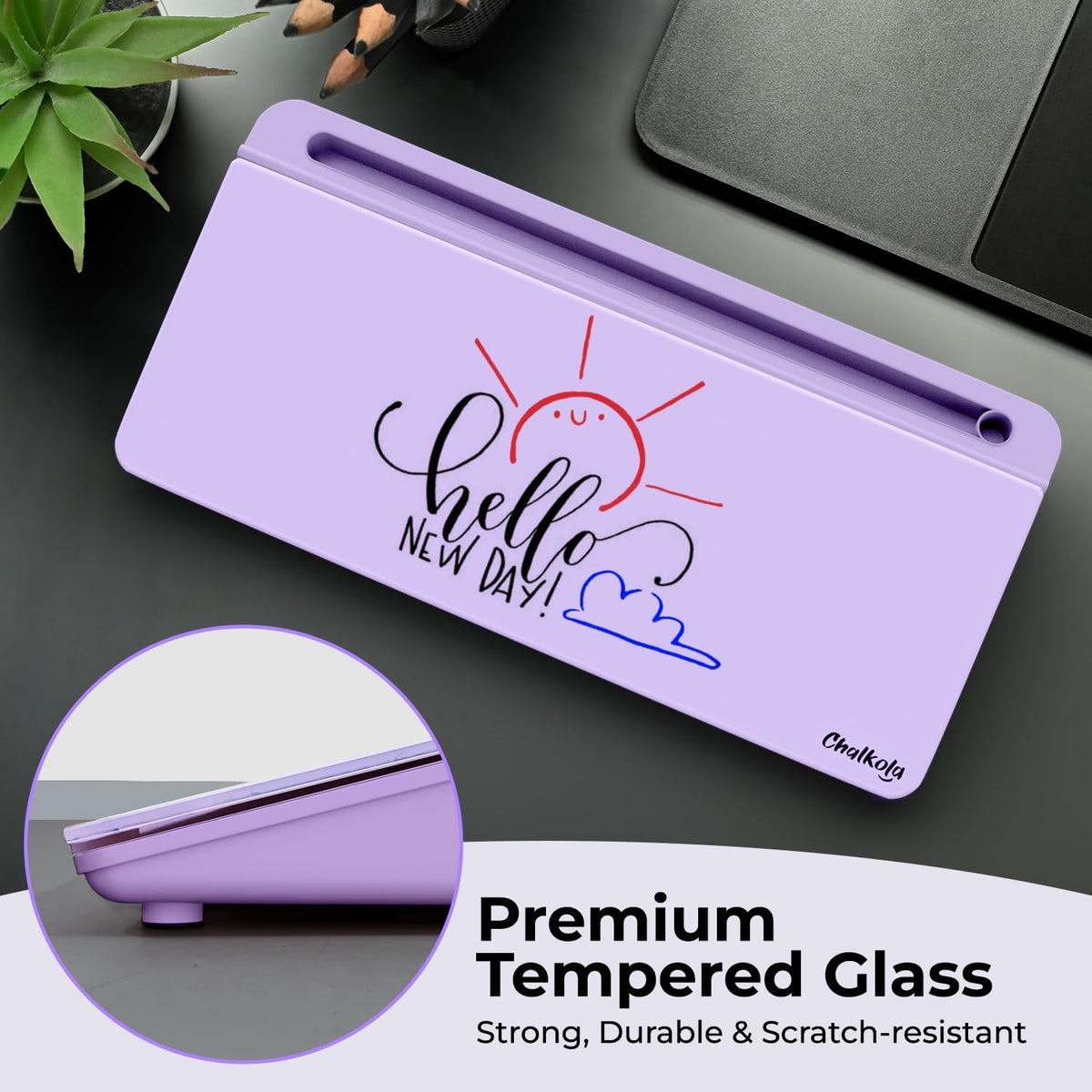 Chalkola Lavender Glass Desktop Whiteboard with Storage - Dry Erase Board, Work Desk Organizers, Computer Keyboard Stand, Home Office Desk Accessories, Workspace Desktop Buddy + 3 Markers