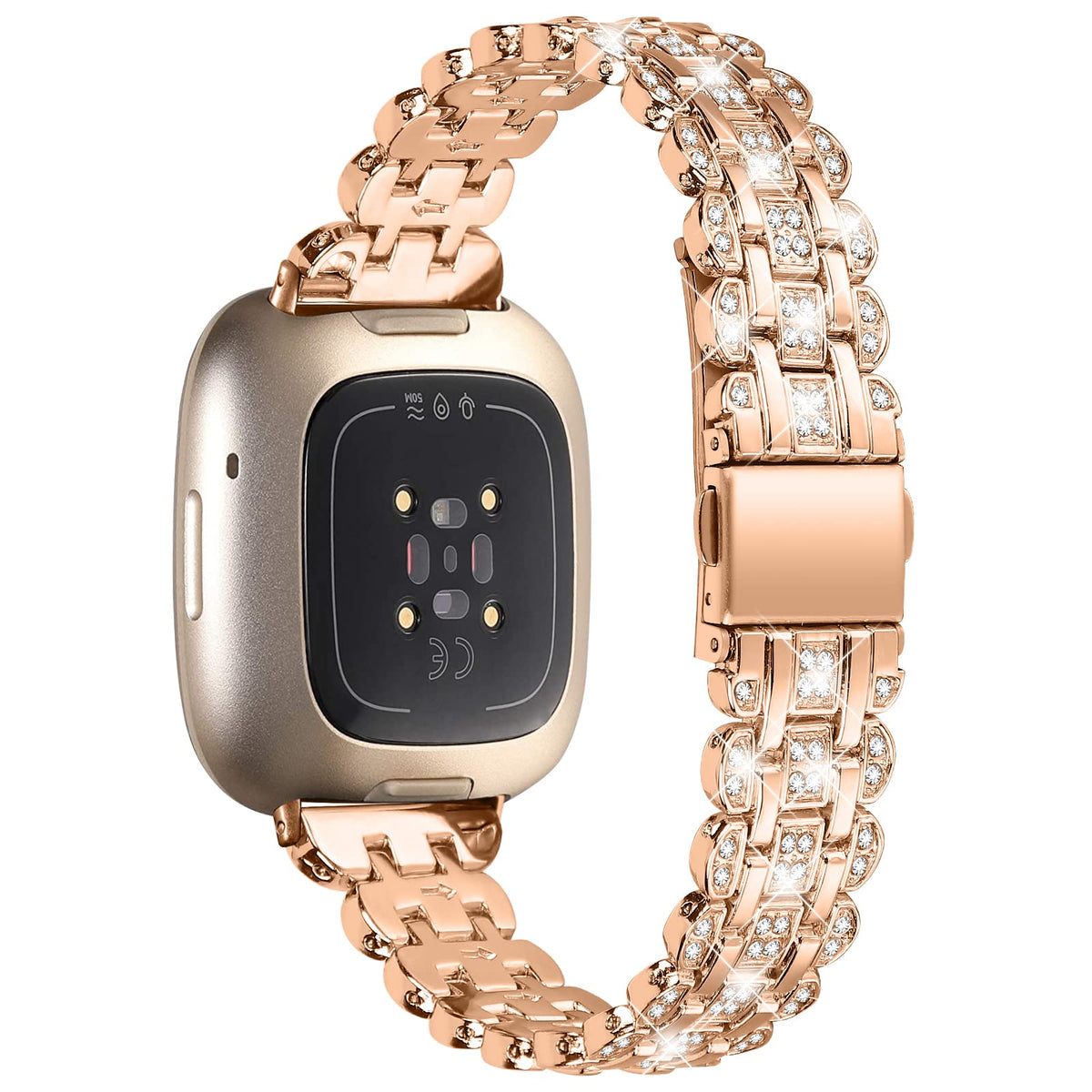 Replacement Watch Bands Compatible with Fitbit Versa 4/Sense 2 for Women,Stainless Steel Dressy Jewelry Bracelet Slim Bling Crystal Classy Metal Strap (RoseGold)