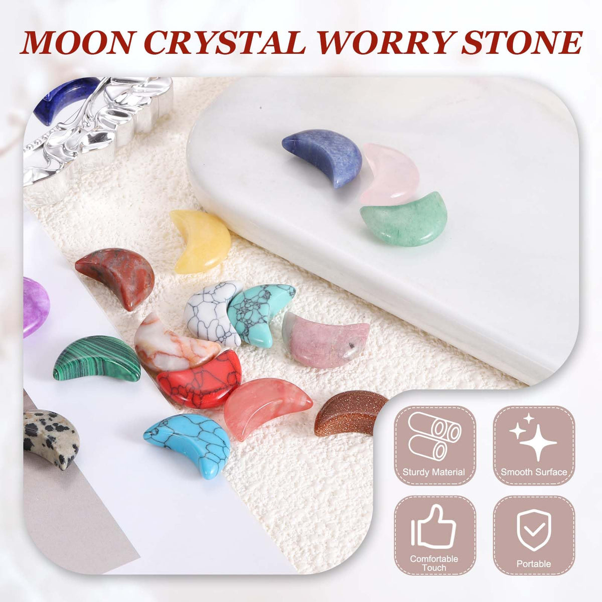 MECCANIXITY 5 Pcs Moon Crystal Worry Stone, 0.5 Inch Length Natural Web Jasper Moon Gemstone Bulk, Carved Pocket Stones for Meditation Balancing Pendant Decor