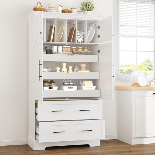 Merax 72.6" Farmhouse Kitchen Pantry Cabinet with Pull-Out Trays & Drawers, Freestanding Pantry with Cake Pan Storage, 4-Door Shaker Style Storage Cabinet, 40" L x 18" W, White
