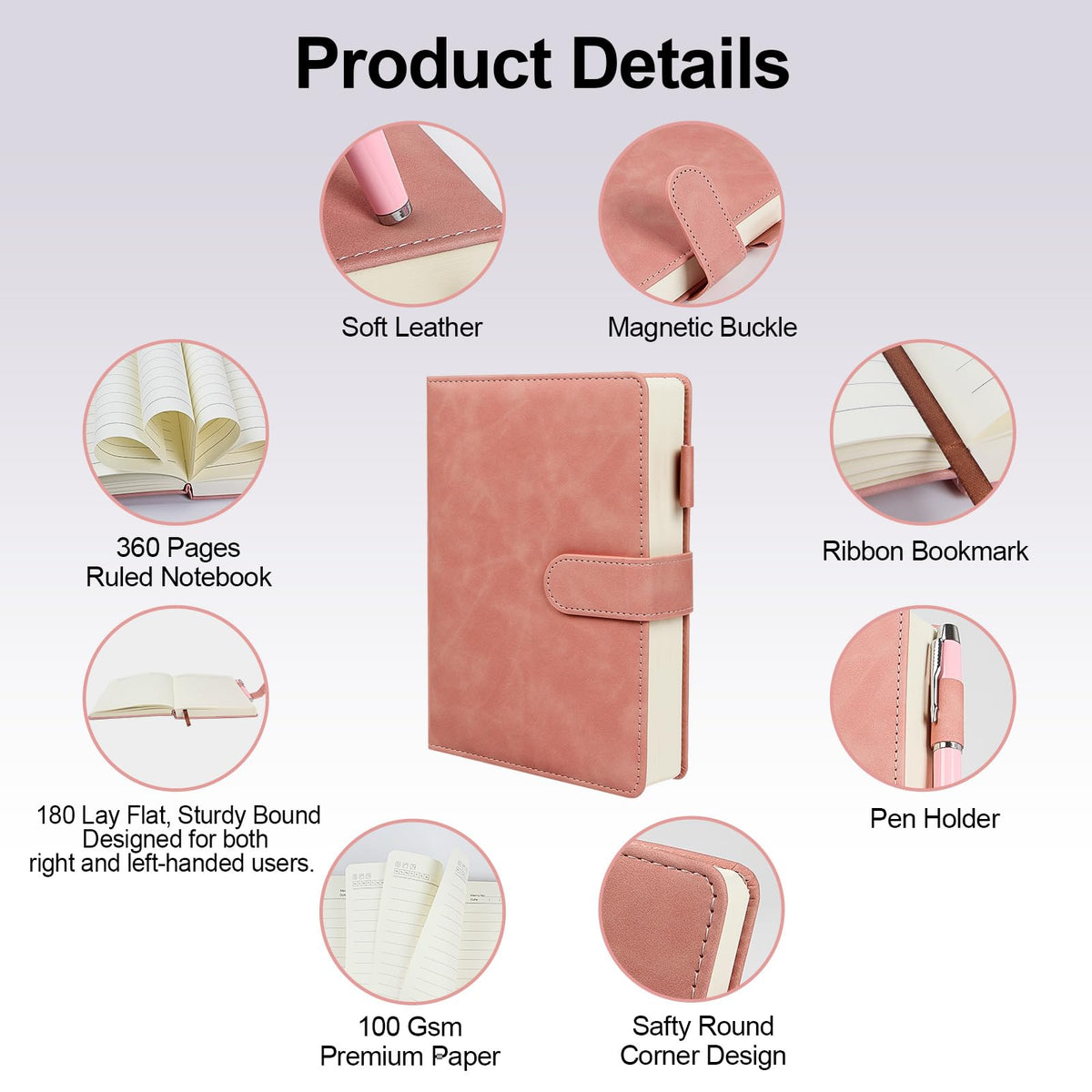 Ciyanwcx Leather Notebook Gift Set - A5 Hardcover Journal with Pen & 6 Heart Bookmarks, Gift Box + Bag (Pink)