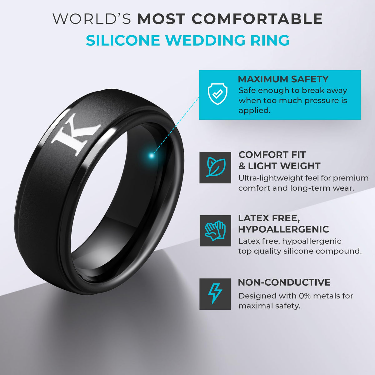 ThunderFit Black Silicone Initial Ring for Him - Personalized One Letter Wedding Rubber Band - Comfortable Fit - Unique Anniversary, Birthday Gifts for Men with Gift Box (K, Size 8.5-9)