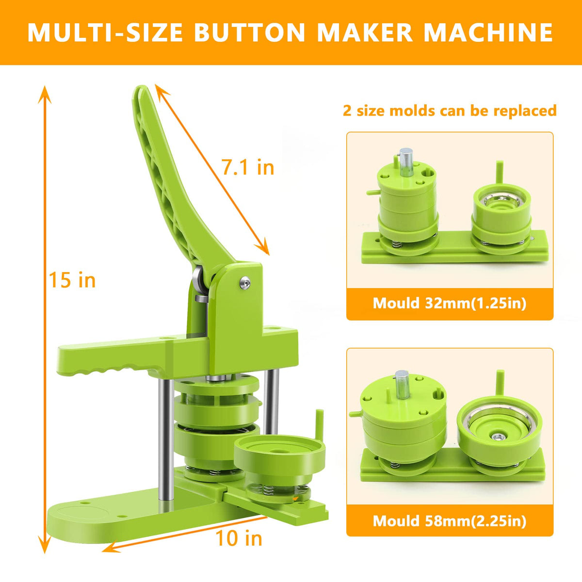 MK.Bear Button Maker Machine - Multiple Sizes 1.25in+2.25in, Kit for DIY Gifts, Button Press Machine with Free 200PCS 32-58mm Supplies & 2 Circle Cutter