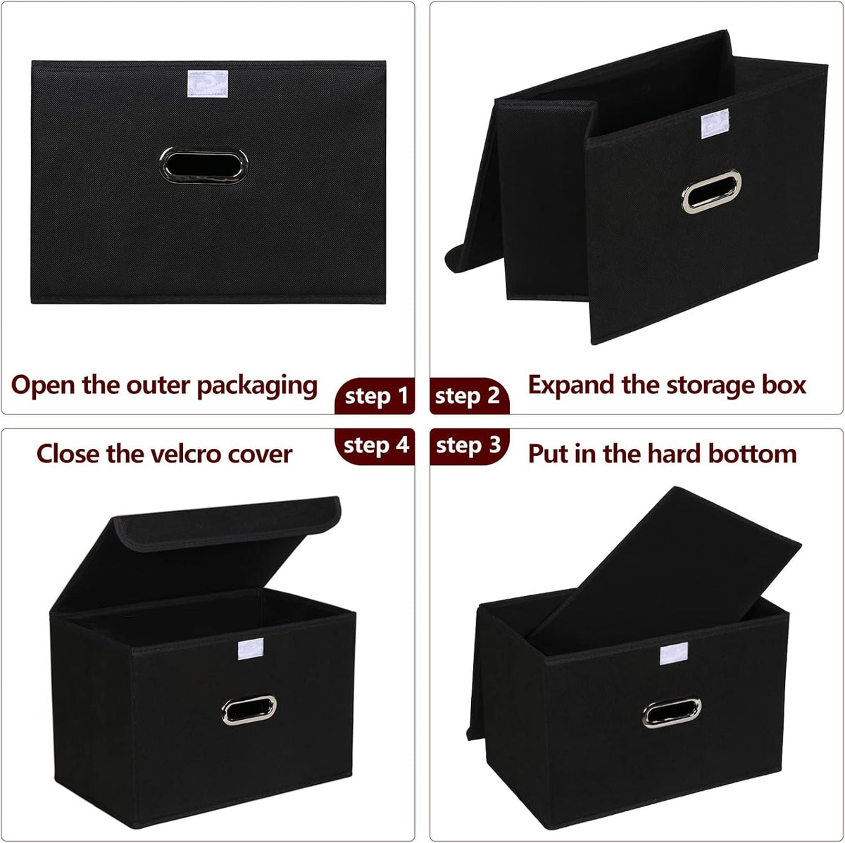 STOREONE Fabric Storage Cube Bins - Foldable Organizer with Lids & Metal Handles | Black, Set of 3