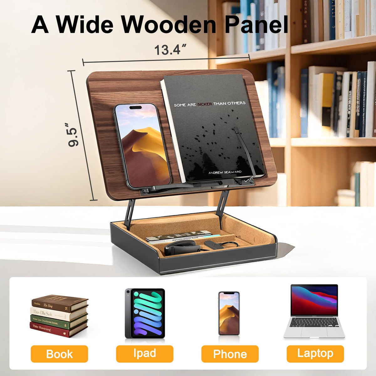 HUMANCOZY Book Stand with Storage, Book Holder for Reading Hands Free, Wooden Cookbook Stand for Kitchen Counter, Adjustable Reading Stand for Desk, Recipe Stand, Book Prop for Book Lovers