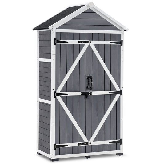 MCombo Outdoor Storage Cabinet with 2 Shelves, Outside Storage Shed with Floor, Wooden Garden Tool Shed with Latch for Yard Deck Lawn, 1000
