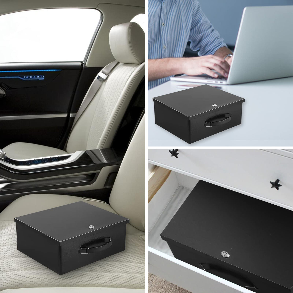 Dalmbox Portable Metal Safe Box with Key Lock - Fire Resistant Storage for Documents, Car, Home and Outside - X Large 13.2"x 11"x 5.1" Black Box