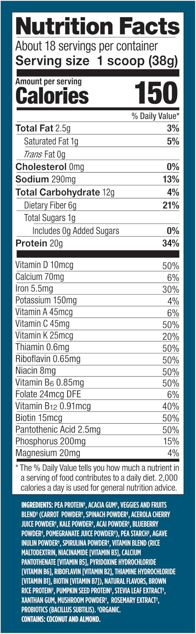 Vega All in One Nutrition Organic - 20g Plant-Based Pea Protein, Coconut Almond, 18 Servings, Vitamins A & C, Probiotics, Greens, Vegan, Keto, Gluten Free, 24.3oz (Packaging May Vary)