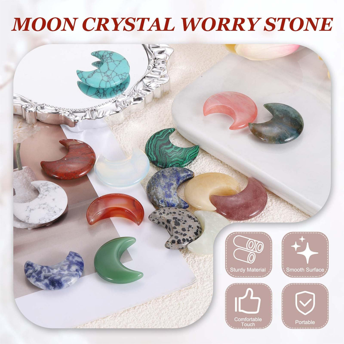 MECCANIXITY 10 Pcs Moon Crystal Worry Stone, 1.2 Inch Length Natural Fusion Quartz Moon Gemstone Bulk, Carved Pocket Stones for Meditation Balancing Pendant Decor