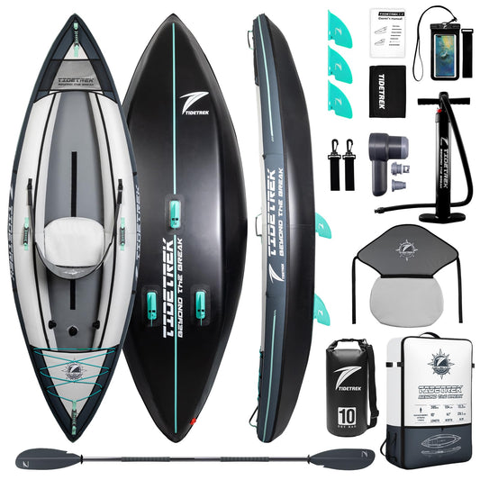 TIDETREK Inflatable Touring Kayak 1-Person & 2-Person with Waterproof Seat & Full Accessory Kit, Lightweight Recreational Kayak for Lake, River & Fishing (Storm Edge, 1-Person(Single))