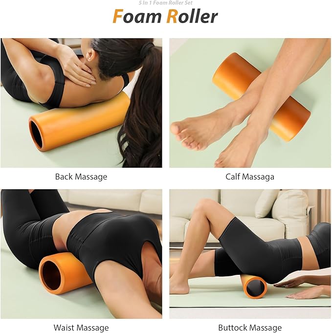 5 in 1 Foam Roller Set - Trigger Point Foam Back Roller, Muscle Roller Stick, Massage Ball, Stretching Band for Deep Muscle Massage Pilates Yoga,Fitness Exercise for Whole Body Release (Pure Orange)