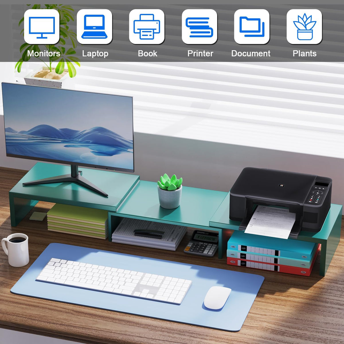 Dual Monitor Stand for Desk, Metal Computer Stand, Desk Shelf Riser,Desktop Organizer for Home and Office Use (Green)