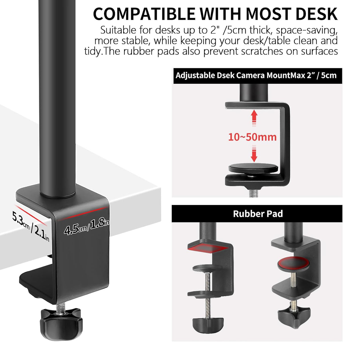 JEBUTU 1/4" Camera Desk Mount Table Stand with Ball Head, Adjustable Light Stand with Screw & C Clamp for DSLR Camera