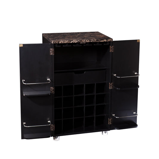 SEI Furniture Cape Town Bar Cabinet w/Wine Storage, Faux Marble Countertop with Black Finish