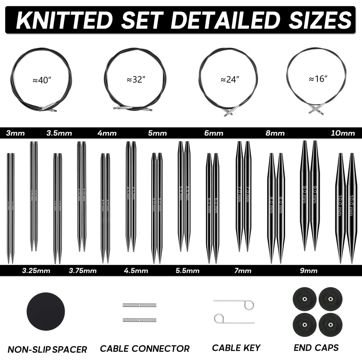 13-Pair Interchangeable Circular Knitting Needles Set, 4" Aluminum US 2.5-15 (3-10mm) with 4 Cables & Accessories | Ideal Gift for Knitters & DIY Projects