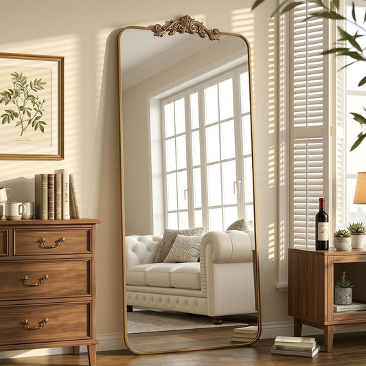 Antok Arched Full Length Mirror, 76"x34" Floor Mirror with Carved, Full Body Mirrors for HomeDecor, Standing/Halling Large Wall Mirror for Bedroom, Living Room, Cloakroom, Bronze, Ornate Style