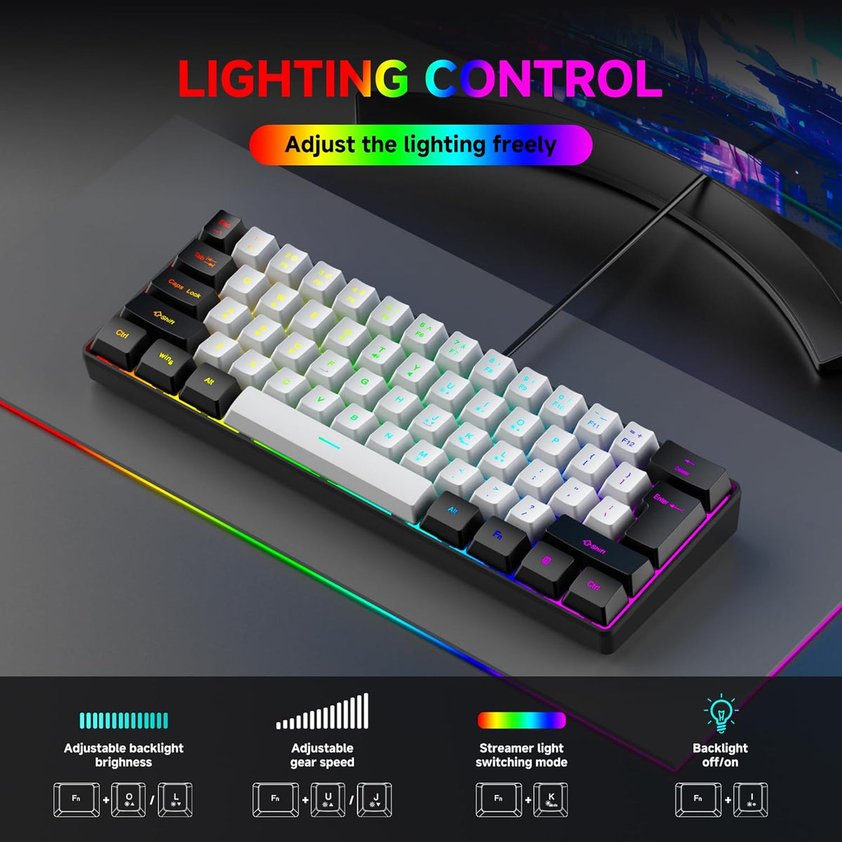 REBOCOON 61-Key 60% 8-Color 10/8/7) Compact RGB Gaming Keyboard Layout, Ergonomic Membrane Keys, Backlight, Plug & Play