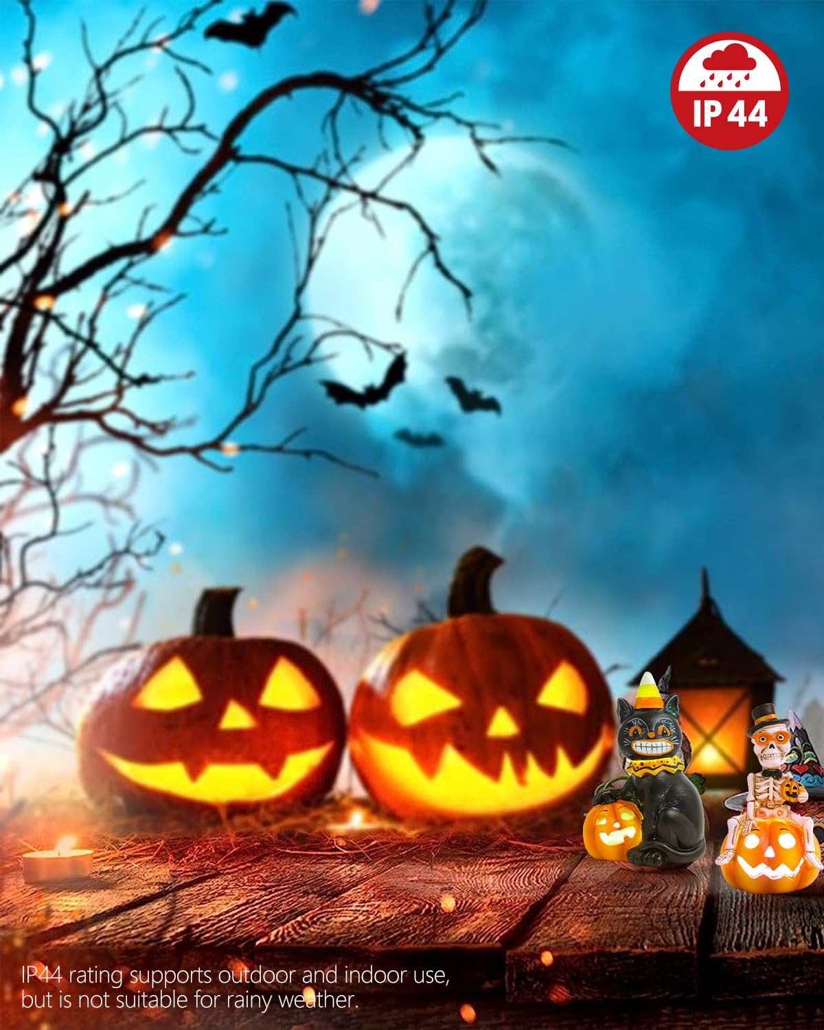 iStatue Halloween Decorations Indoor, 2-Pack Resin Black Cat & Skeleton on Pumpkin with Jack-o’-Lantern Lights Gift for Fireplace Tabletop Party Tiered Tray Decor (Skeleton & Cat)