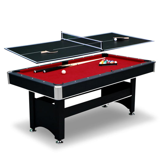 Hathaway Spartan 2-in-1 6ft Pool Table with Ping Pong Top for Game Room – With Red Felt, Engineered Wood Frame, Drop Pockets, Cues, Balls, Triangle, Chalk, Net, Paddles, Balls – Black Finish