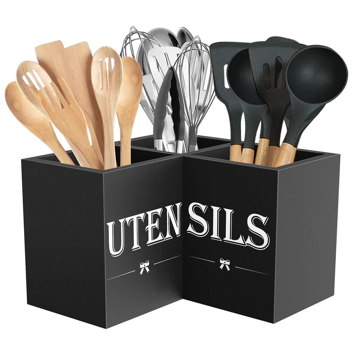 Suli Extra Large Kitchen Utensils Holder with 3 Compartments,Corner Utensil Caddy for Countertop,Wooden Utensil Organizer for Kitchen Countertop, Farmhouse Decor- Black