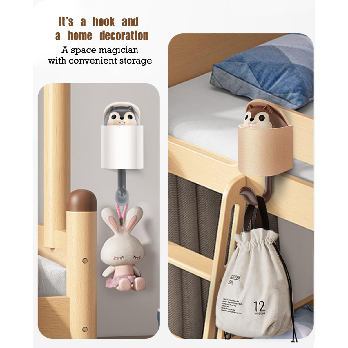 GCFTIFF 2 Pcs Creative Squirrel Cute Pet Key Holder wall Mount, Keychain Command Hooks,siding Hooks,Hook for Coat, Scarf, Hat, Towel, Bag, Utility Hook for Wall Hanging Decorations (Coffee&Gray)