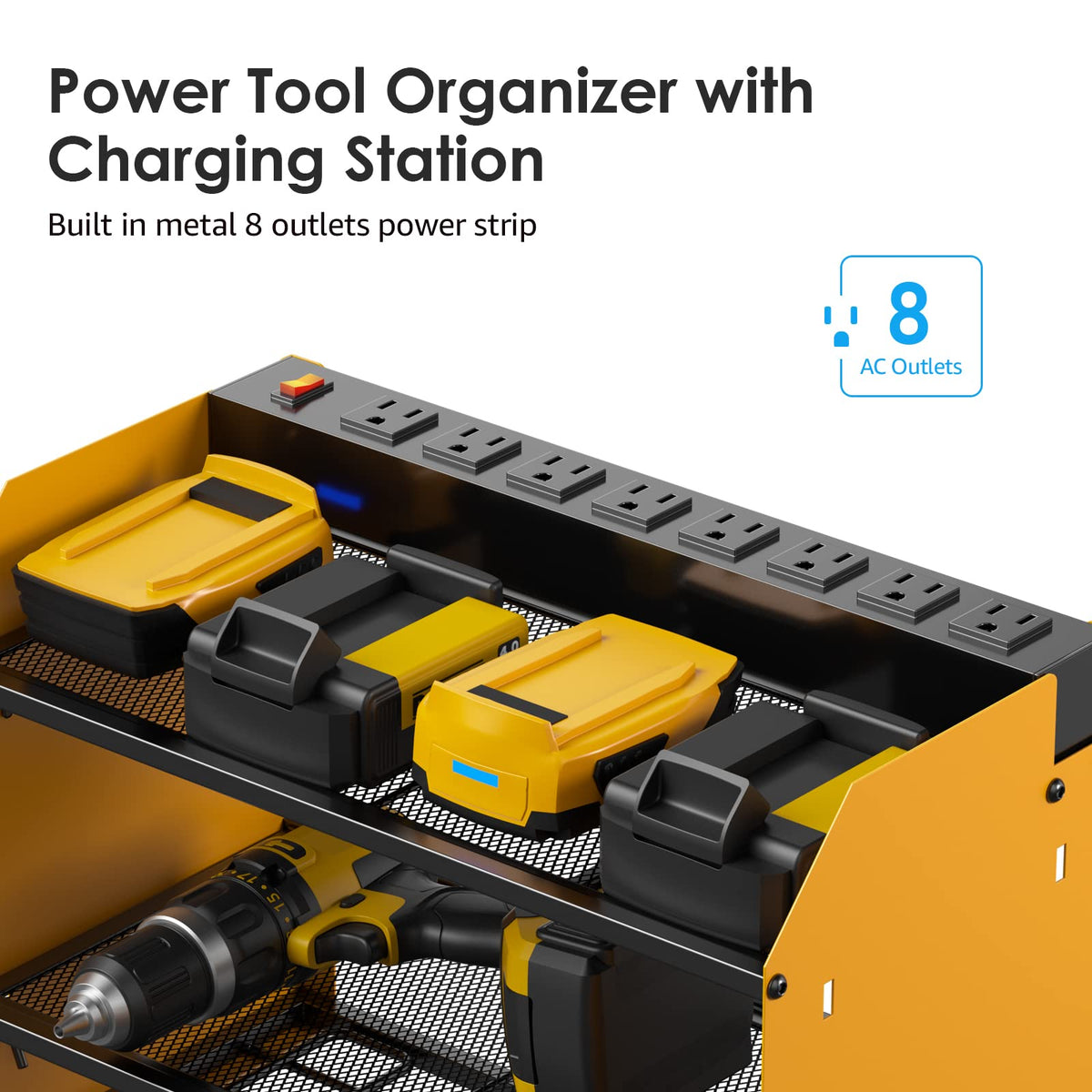 CCCEI Modular Power Tool Organizer Wall Mount with Charging Station. Garage Drill Storage Shelf with Hooks, Heavy Duty Rack, Tool Battery Holder Built in 8 Outlet. Gift for Men. Yellow, 1 Pack.