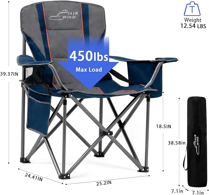 FAIR WIND Oversized Fully Padded Camping Chair with Lumbar Support, Heavy Duty Quad Fold Arm Chair with Cooler Bag - Support 450 LBS，Blue