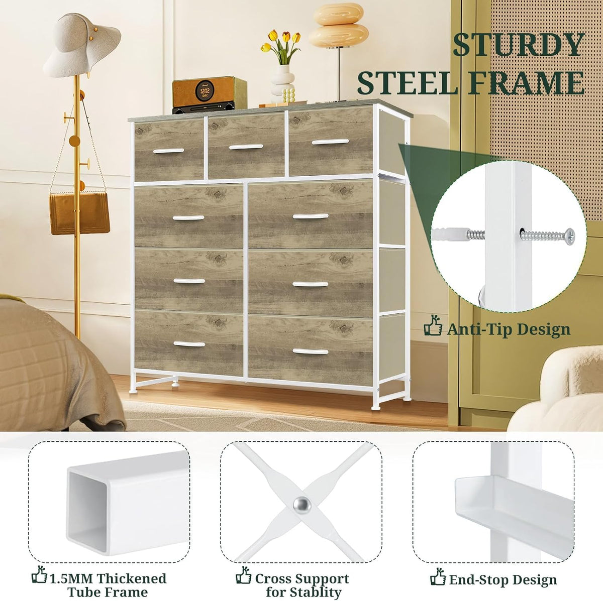 Skiennix 9-Drawer Dresser - Anti-Tip Tall Storage Organizer with Wooden Top & Metal Frame | Greige Oak