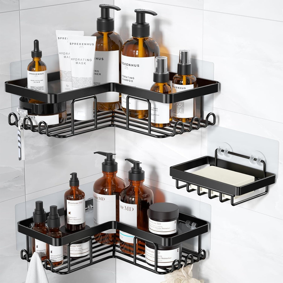 YASONIC Corner Shower Caddy - Rustproof Stainless Steel Bathroom Organizer | No Drilling, Black, 3-Pack