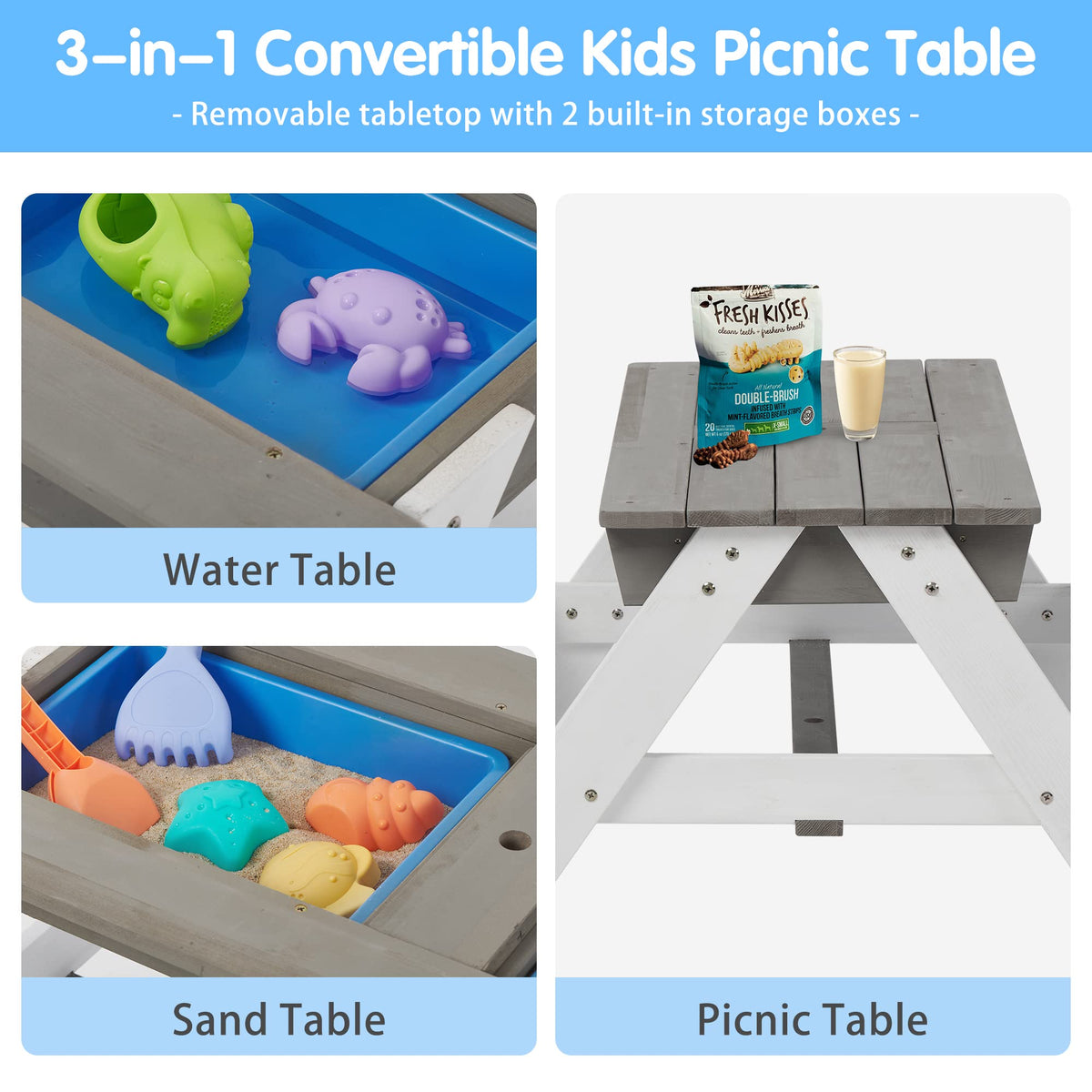 WEALTHGIRL 3-in-1 Kids Outdoor Wooden Picnic Table with Adjustable 43" Umbrella, Convertible Sand & Water Activity Center, Solid Cedar Wood Construction, Spacious Seating for Four