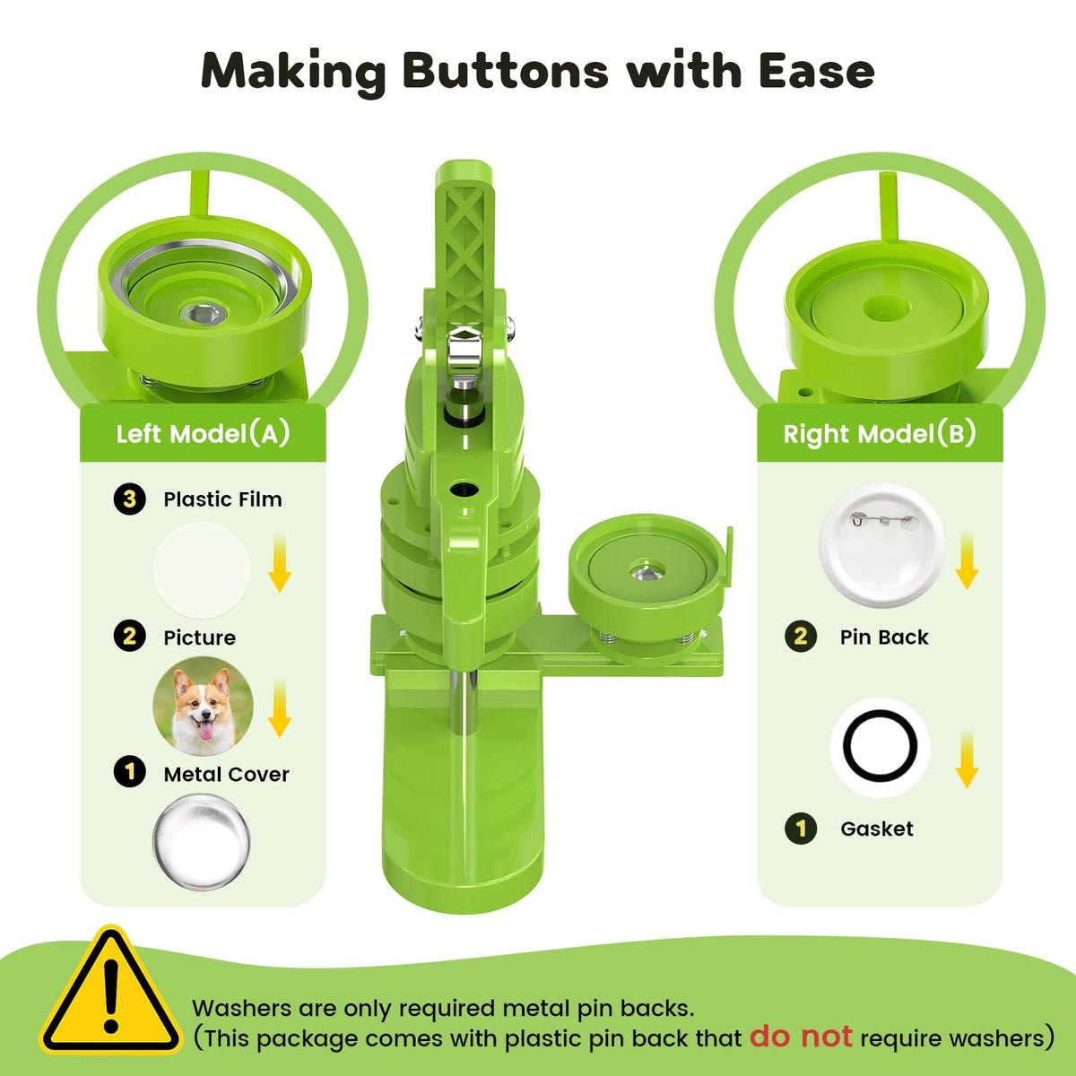 Aiment Button Maker Machine Multiple Sizes 200Pcs, Badge Maker 1.25+2.25 inch for Kids, Badge Press Machine with 200 Sets Button Making Supplies & Cutter & Cutting Mat (Green, 32/58mm)