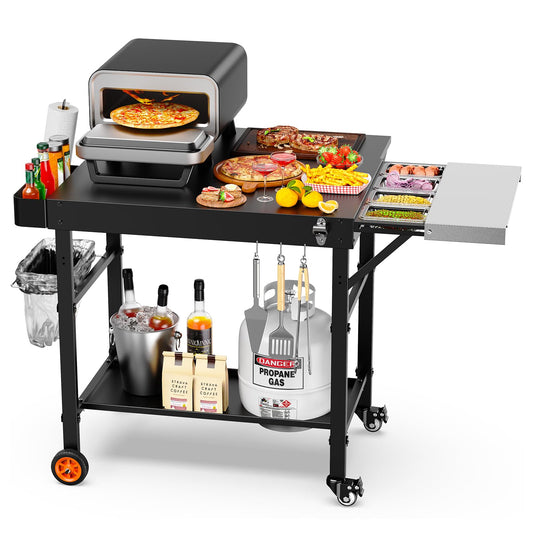 Outdoor Grill Cart for Pizza Oven, 28.8" Extra-Wide Pizza Oven Table, Heavy Duty Grill Cart with Pizza Topping Station, Grill Tables for Outside, Prep Station for Blackstone Griddle Accessories