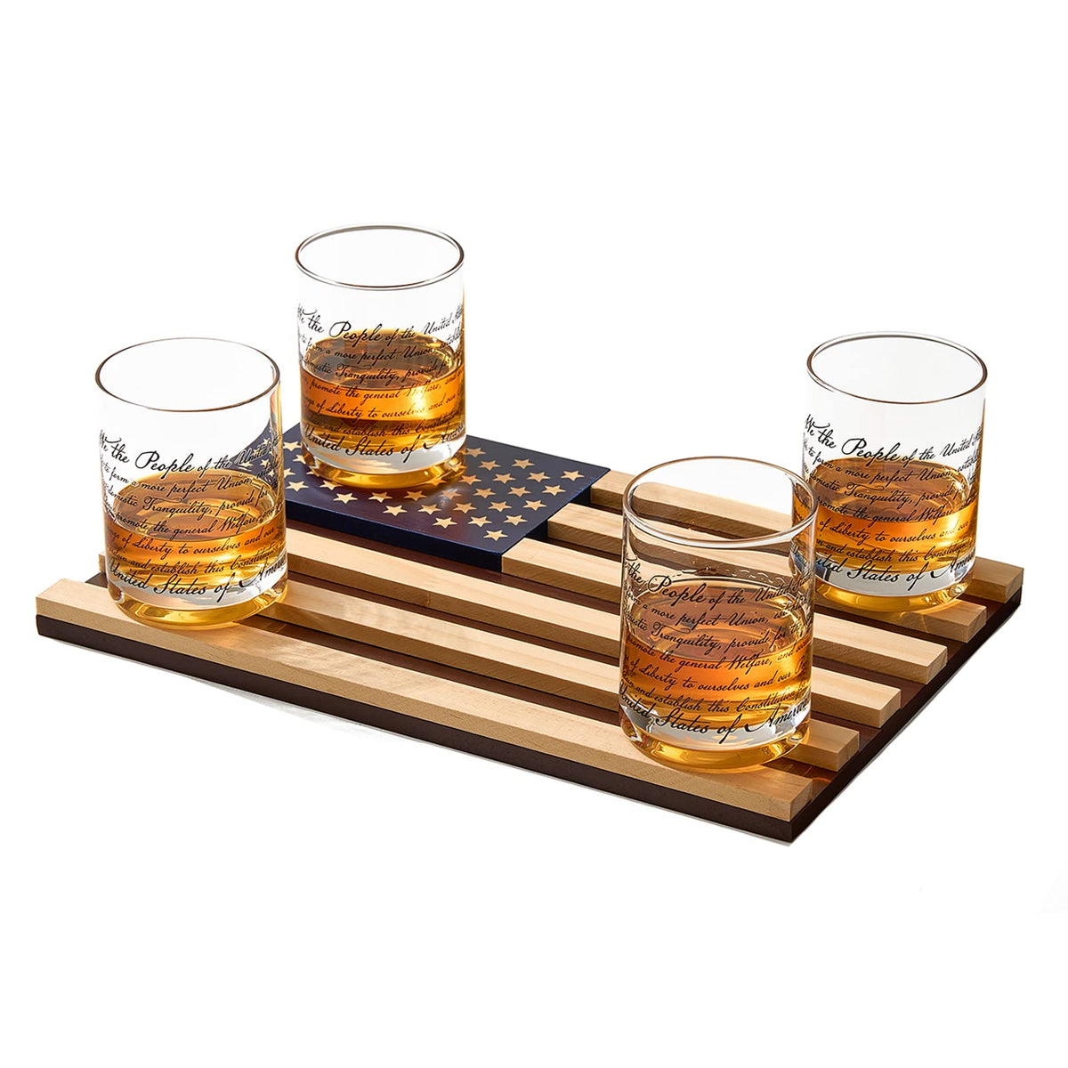 Whiskey Glasses – United States Constitution - Wood American Flag Tray & Set of 4 We The People 10oz America Glassware, Old Fashioned Rocks Glass, Freedom of Speech Law Gift Set US Patriotic