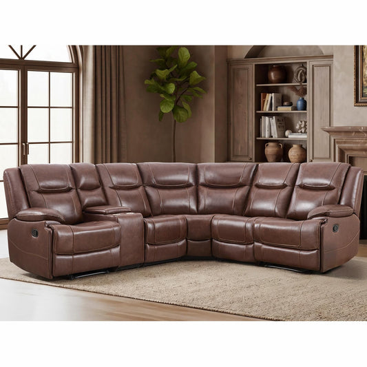 EBELLO Genuine Leather Recliner Sectional Sofa Set, Manual Reclining Corner Couches with Storage Console and Hidden Cup Holders, Extra Wide Footrest for House/Living Room, Brown