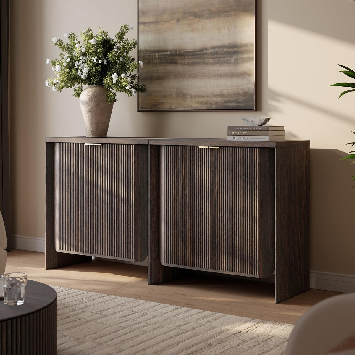 MorganBrig 63" W Walnut Sideboard Buffet Cabinet with Storage, Fluted Accent Console Cabinet, Mid Century Modern Credenza for Living Room Kitchen Entryway Dining Room, Dark Walnut