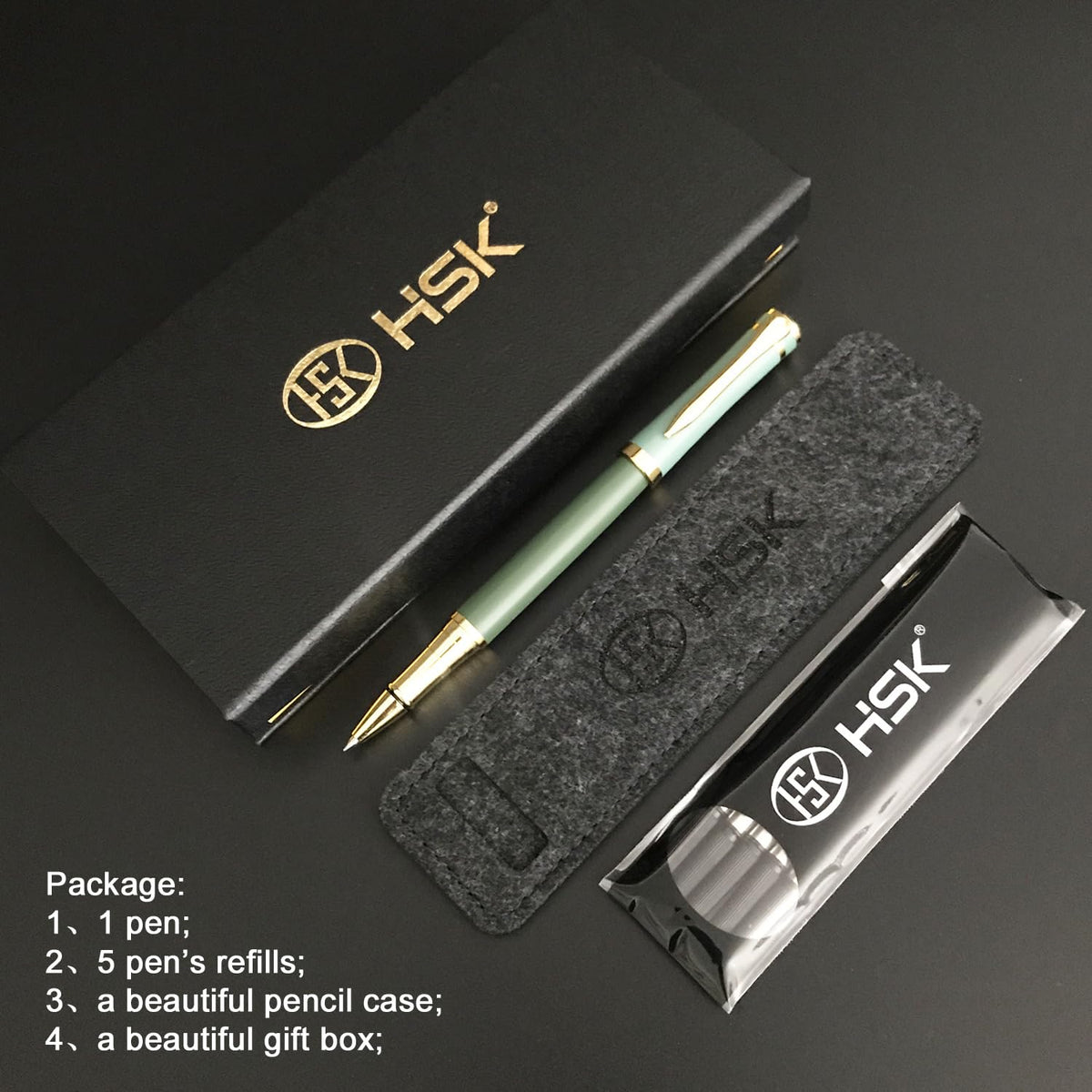 HSK Luxury Ballpoint Pens gift Pen Black Refill Line width 0.5mm,Best Ball Pen Gift Set for Men & Women Professional Executive,Office,Nice Pens Classy Gift Box (Green)