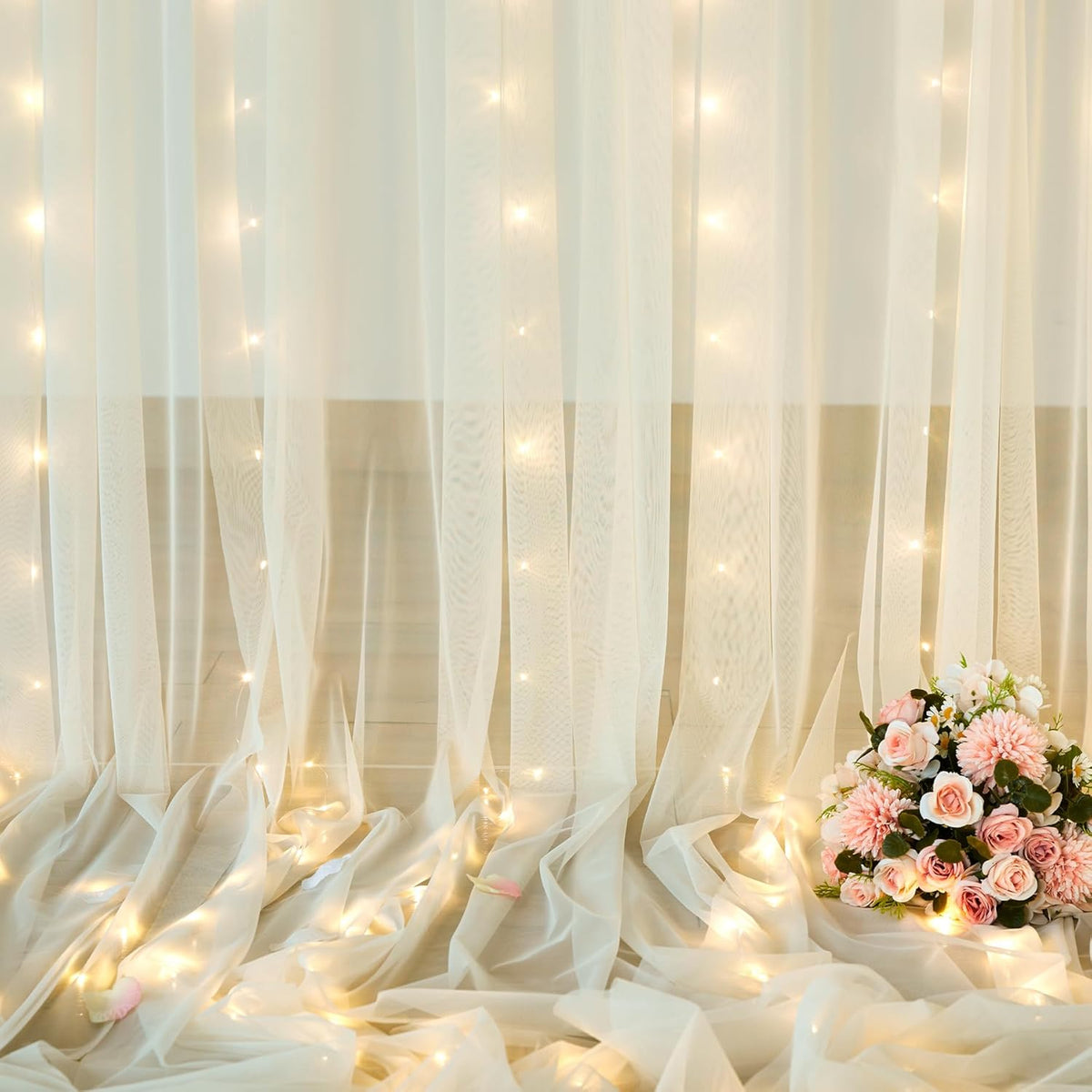 Suppromo 108ft Ivory Sheer Backdrop Curtains with Lights String for Parites Wedding Tulle Backdrop Curtains for Baby