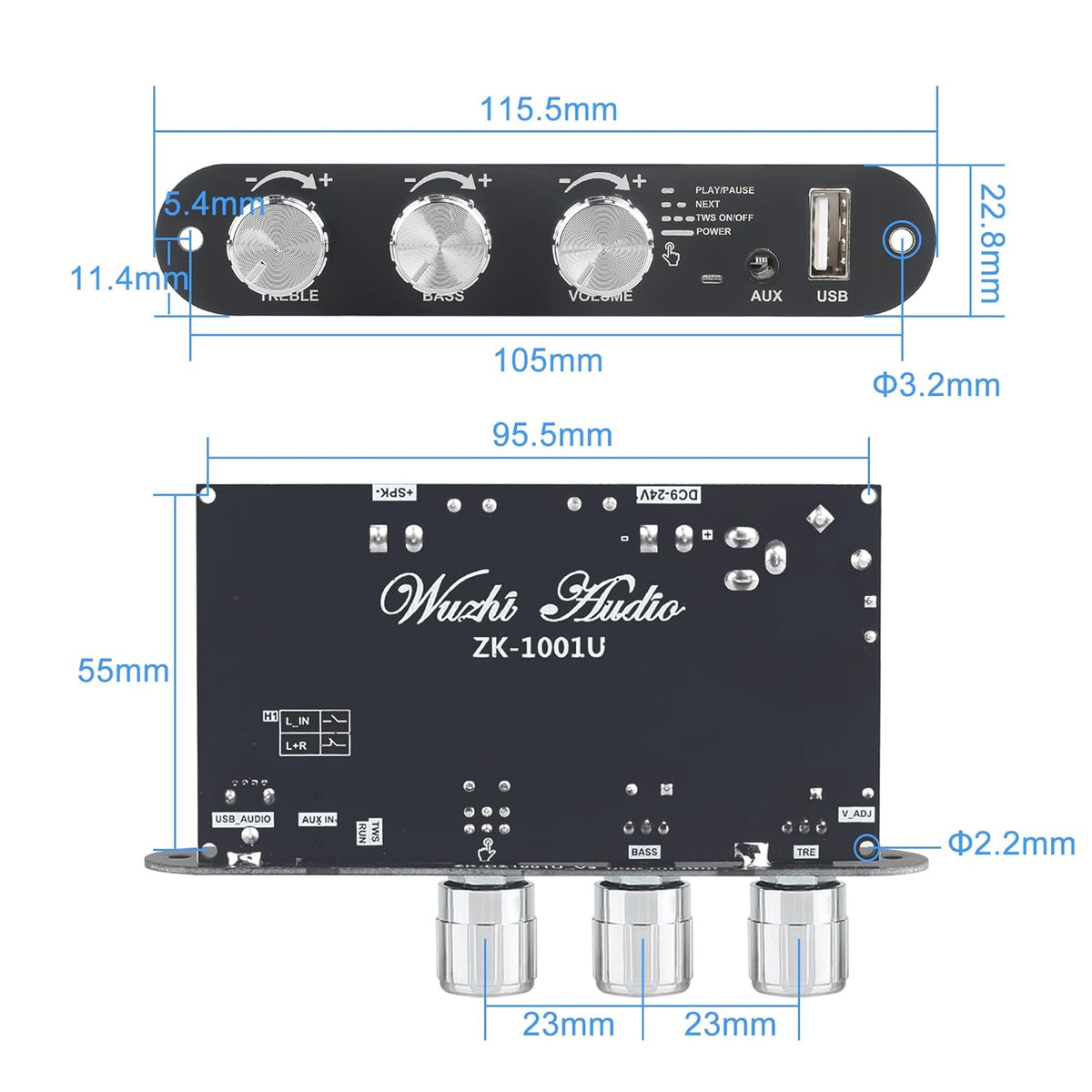 Wuzhi Audio ZK-1001U 100W 9-24V, Mono Amplifier Board with TWS, Power Output, Vehicle Amplifier Wide Voltage Input