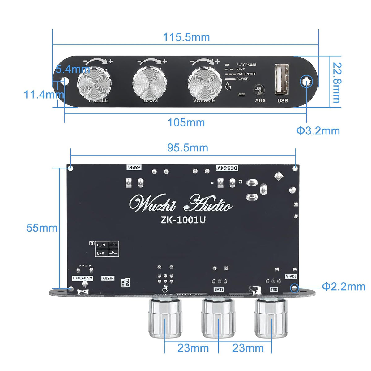 Wuzhi Audio 2PCS ZK-1001U 100W 9-24V, Mono Amplifier Board with TWS, Power Output, Vehicle Amplifier Wide Voltage Input
