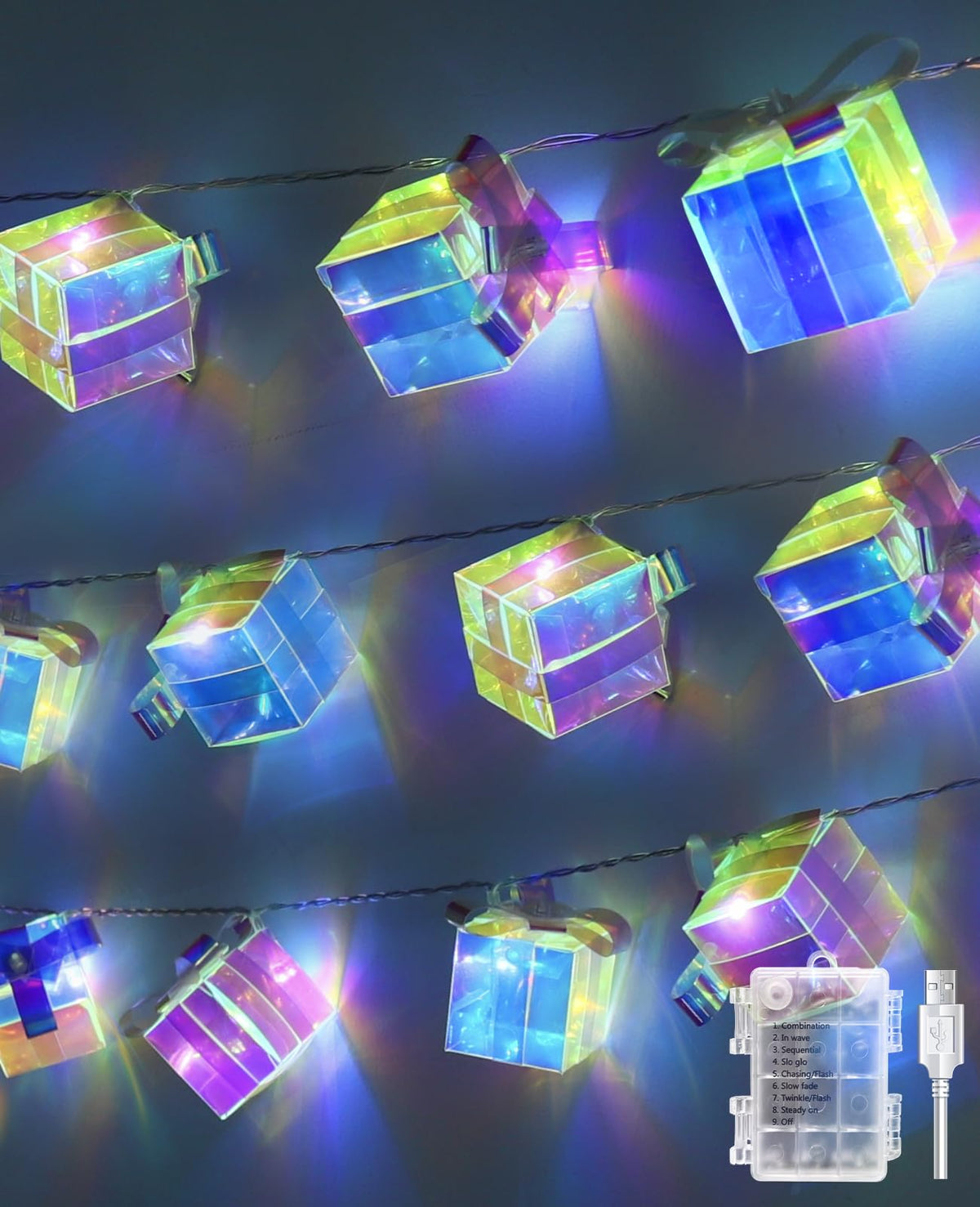 AceList Iridescent Gift Box String Lights Indoor 20 LED 9.84ft Holographic Lights with 8 Modes Battery & USB Powered Present Shape Fairy Lights for Birthday Christmas Wedding Decor