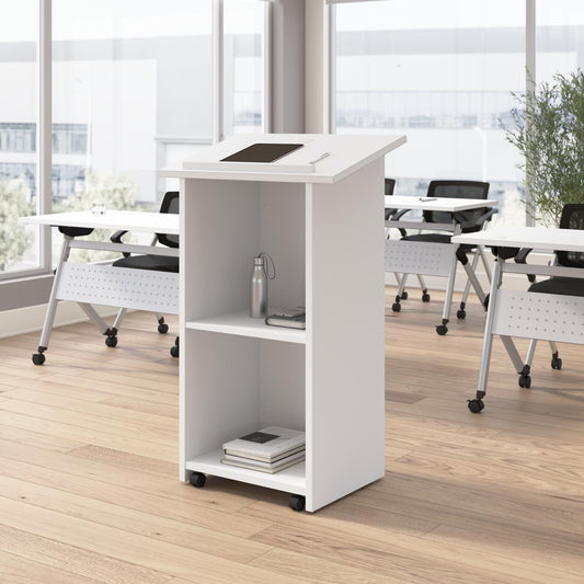 Bush Business Furniture Podium Lectern, 48 inch Tall, Professional-Grade Mobile Presentation Stand Up with Shelves, Envision Collection, White