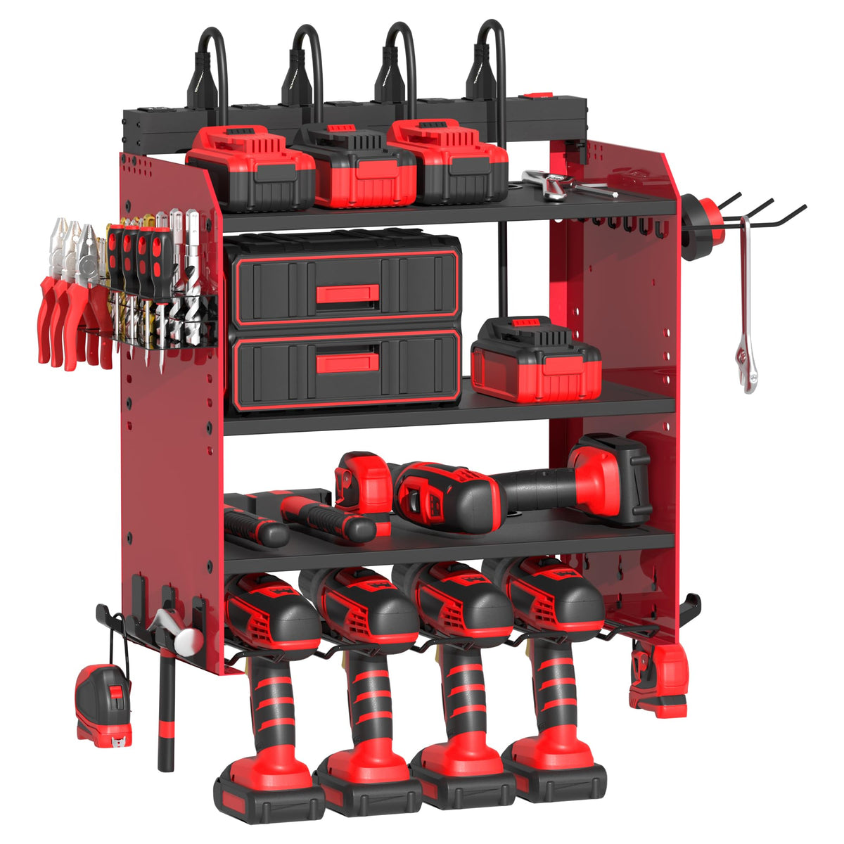 Power Tool Organizer Wall Mount with Charging Station, Garage 4 Drill Storage Shelf with Cordless Tool Holder, Heavy Duty Rack with 8 Outlet Power Strips and Hooks, Gift for Men, Husband (4 Layer)