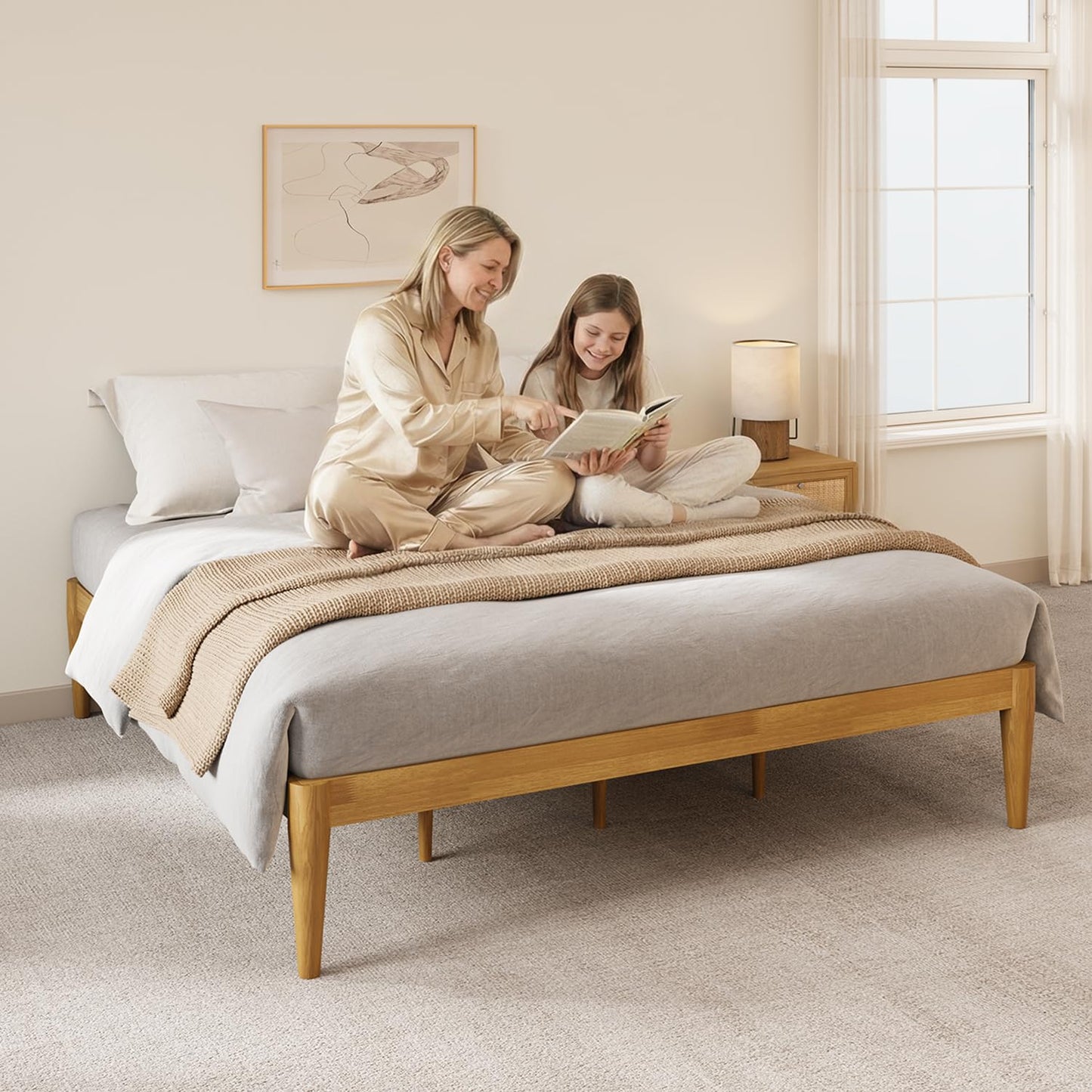 IOTXY California-King Platform Bed Frame - Solid Wood 16-Inch Height Mattress Foundation Base with Densely Slats and Heavy-Duty Support Legs, No Box Spring Needed, Oak
