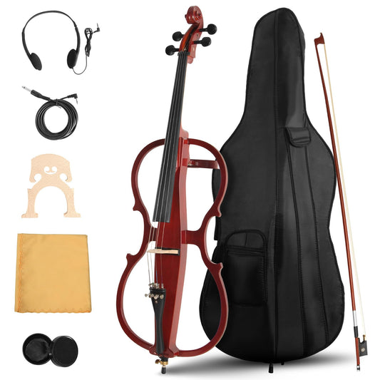 Ceciliec Electric Cello, 4/4 Full Size Silent Cello with Headphone Jack & Carry Bag, Professional Cello for Beginners/Adults