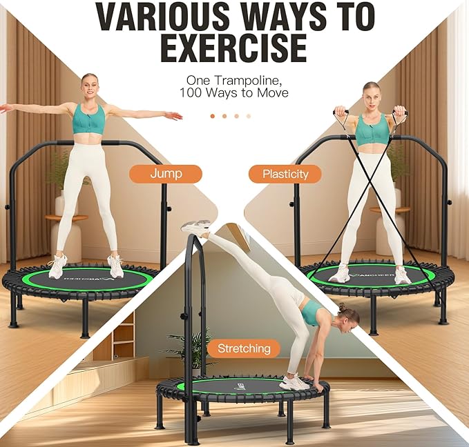 ANCHEER 40" Foldable Mini Trampoline,Max Load 450lbs/550lbs Indoor Trampoline,with 4 Level Adjustable Foam Handle and Resistance Bands,Adult Exercise Trampoline for Home, Garden, and Gym