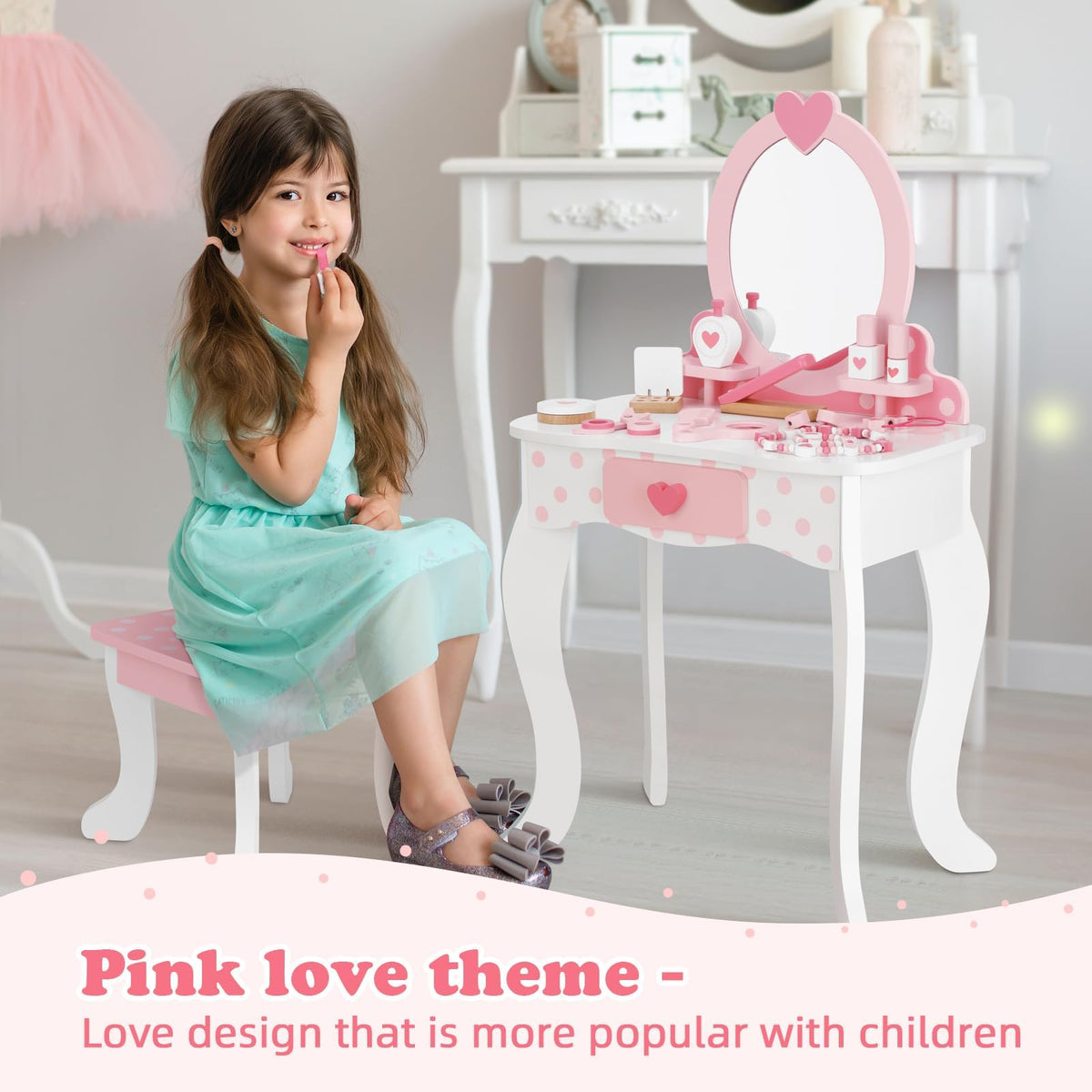 OOOK Kids Vanity Set,Table & Chair Vanity Set with Mirror（Includes 15 pcs Multiple Make up Accessories, Makeup Dressing Table with Storage Drawer, Pink